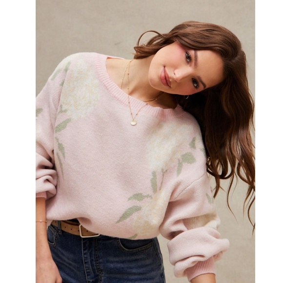Roses Print Pink Knit Round Neck Long Sleeve Pullover Sweater Stretchy - Picture 2 of 7